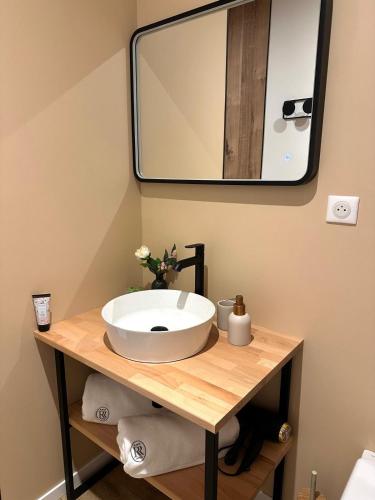 a bathroom with a sink and a mirror at Les Rubys, spas privatifs in Tarcenay