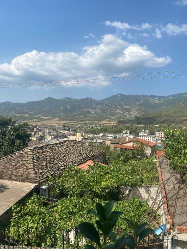 Una vista de una ciudad con montañas al fondo. en House of Wine, en Përmet