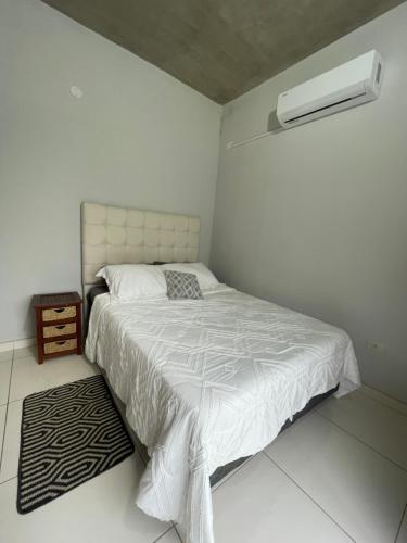 LuqueにあるDepartamento cerca del centro y aeropuerto en Luqueの白いベッドルーム(ベッド1台、エアコン付)