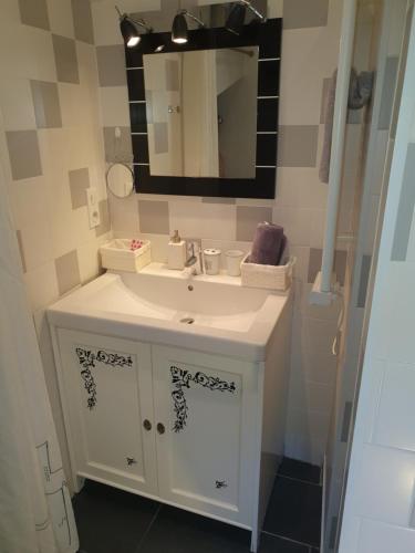 une salle de bain avec un lavabo blanc et un miroir dans l'établissement Appartement quartier Teinturiers climatisé, à Avignon