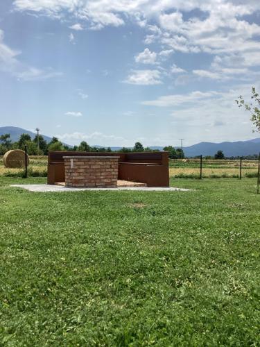 a fireplace in the middle of a grass field at Villa Biser Gacke in Sinac