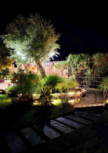 a garden with a wooden boardwalk and trees at night at oasis de paix in Aït Amara