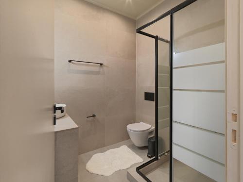 a bathroom with a toilet and a glass shower door at Luxury Studios & Cozy Apartments by White Hills in Arachova