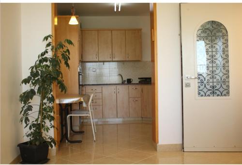 eine Küche mit Holzschränken, einem Tisch und einer Pflanze in der Unterkunft סוויטת הנוף בצפת העתיקה in Safed
