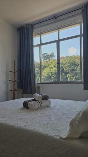a bedroom with a large bed with a large window at Apartamento no Centro - Condomínio Lido in Miguel Pereira