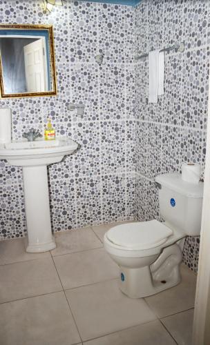 a bathroom with a toilet and a sink at Villa Del Mar in Black River