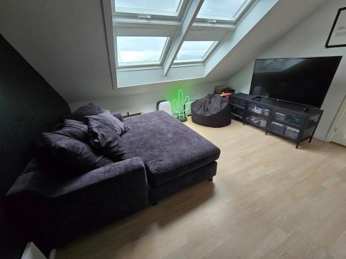 a living room with a couch and a flat screen tv at Sentrumsidyll ved fjord og fjell in Molde