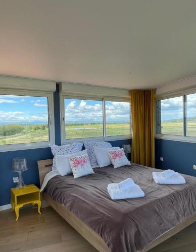 - une chambre avec un grand lit et de grandes fenêtres dans l'établissement Domaine du Petit Tournebelle, à Gruissan