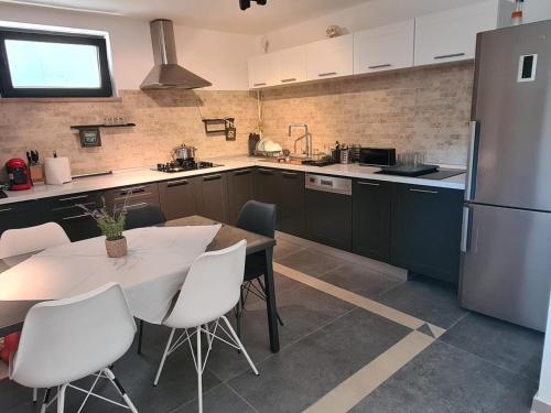 a kitchen with a table and chairs and a refrigerator at Suite Pool Golful Francez in Schitul