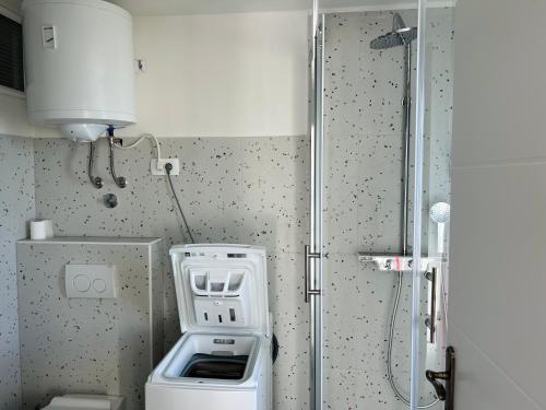 a bathroom with a shower and a washing machine at Studio Apartment Ravel in Ičići