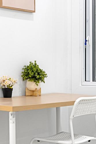 a wooden desk with two potted plants on it at Cozy Double Room in Kensington - Walk to UNSW Easy CBD Access -External and Shared Kitchen or Bathroom Access in Sydney