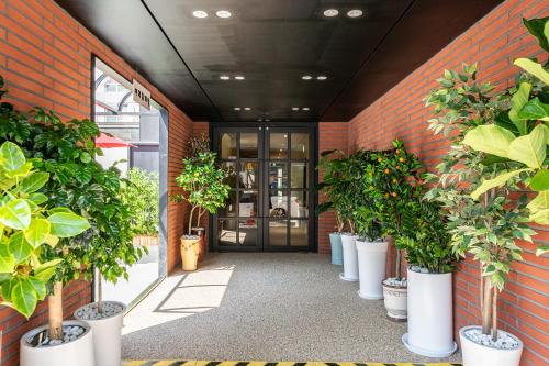 a group of potted plants on the side of a building at Brown Dot Hotel Hot Spring Yuseong in Daejeon