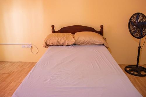 a bed with two pillows in a room with a fan at 3 Bedroom Apt in Clare Valley Breezy Hilltop Stay Near Beach - AC and Wifi 