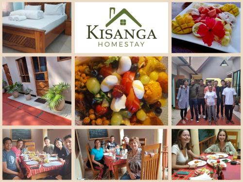 a collage of photos of people at a restaurant with fruits and vegetables at Kisanga Homestay in Moshi