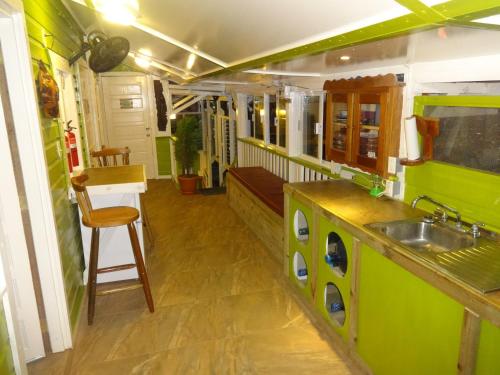 a green kitchen with a sink and a counter at cocopeleinn2 in Santa Elena