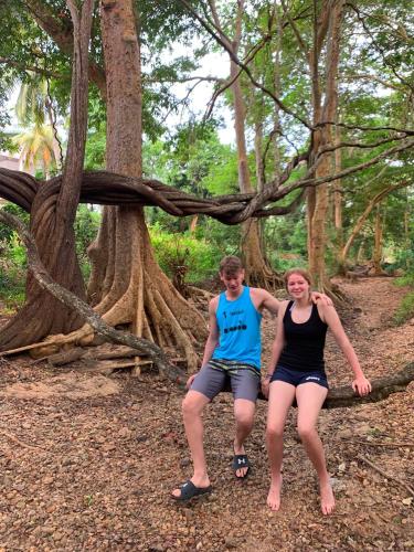 two people sitting on a log in the woods at Banana Shade Cottage in Udawalawe