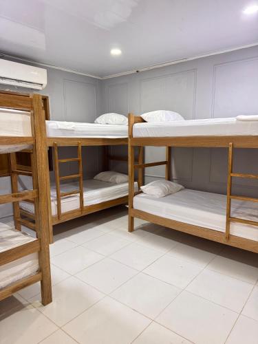 a room with several bunk beds in it at Hostal Cilipo in Palomino