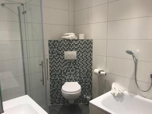 a bathroom with a shower and a toilet and a sink at Hotel-Restaurant Barbarossahof in Kaiserslautern