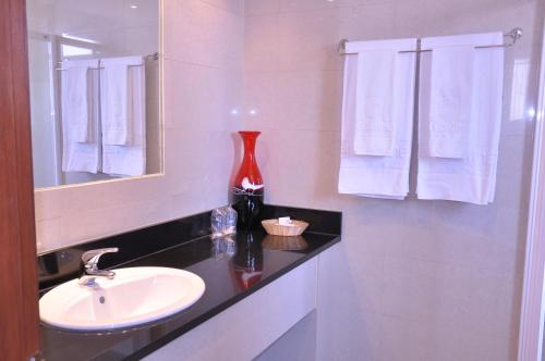uma casa de banho com um lavatório e um vaso vermelho no balcão em Hotel Continental Luanda em Luanda