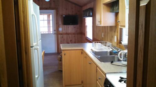 a kitchen with a sink and a counter top at Alpine Lake Lakefront Cabin 5 in South Corinth