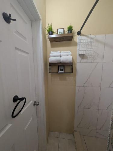 a bathroom with a shower and a door with towels at Sans Oasis in Castries