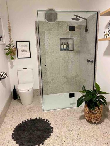 a bathroom with a shower and a toilet and a plant at Mt Martha - Mar Vista - Panorama views with Modern coastal style in Mount Martha