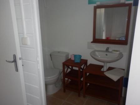 a bathroom with a toilet and a sink and a mirror at Cas'à Willy in Sainte-Rose
