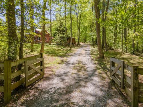 a dirt road in the woods with a fence at Fall25 Offhottubviewsfirepitwcu3minfamilies in Sylva