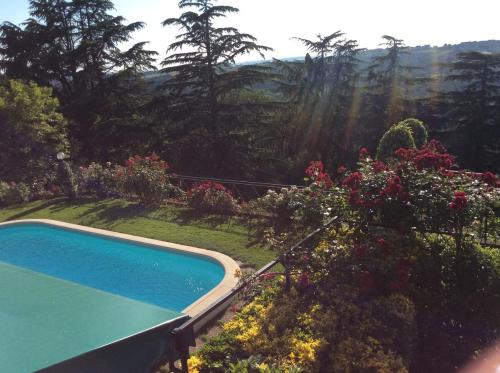a swimming pool in a garden with flowers and trees at Villa Nanda a 15 minuti da Roma piscina esclusiva , villa nella natura in Formello