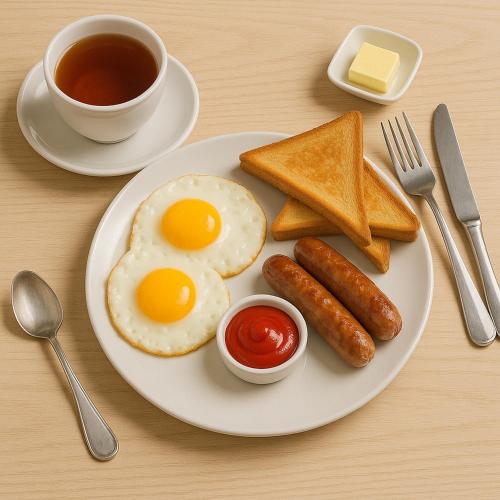 einen Teller mit Eiern Wurst und Toast und eine Tasse Kaffee in der Unterkunft El Volar 2BHK Luxury Apartments 10 Minutes from Candolim Beach with Big common Pool, Fully Equipped Kitchen, 24x7 Security, Wifi in Nerul