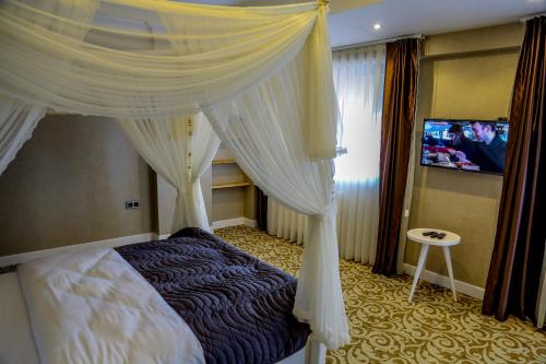 a bedroom with a bed with a canopy and a tv at My Suit Residence & Hotel in Samsun
