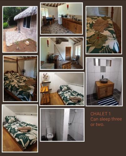 a collage of pictures of a bedroom and a bed at Mahina Lodge in Mafana
