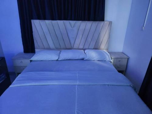 a bedroom with a white bed with two pillows at Wuse 2 Studios- City Center in Abuja