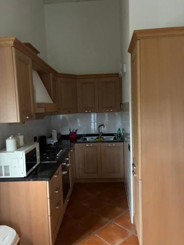 a small kitchen with wooden cabinets and a microwave at El bait agritur Paolazzi in Sover