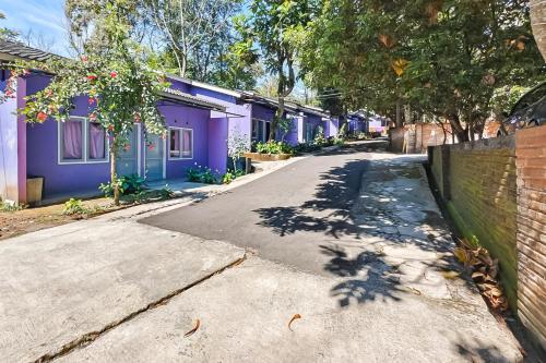 an empty street with purple houses and trees at RedDoorz near Kopeng Salatiga 