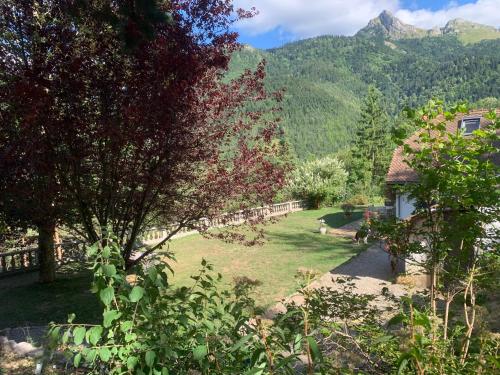 a view of a garden with mountains in the background at Un petit coin de Paradis in Lalley