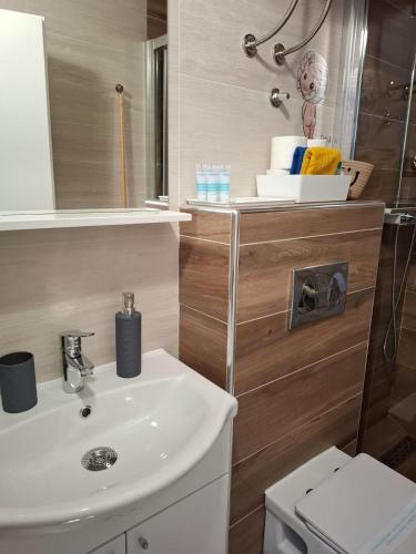 a bathroom with a sink and a toilet and a mirror at Graceful LJUPKA GETAWAY by the sea - Lokva Rogoznica, Omiš in Lokva Rogoznica