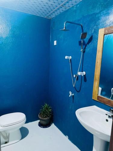 a blue bathroom with a toilet and a sink at Nature Garden in Pottuvil