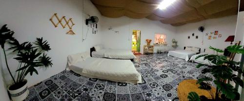 a room with two beds and potted plants at Poong's Garden Mộc Châu in Mộc Châu