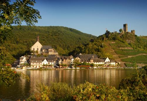 a small town on a hill next to a body of water at Altes Zollhaus in Beilstein