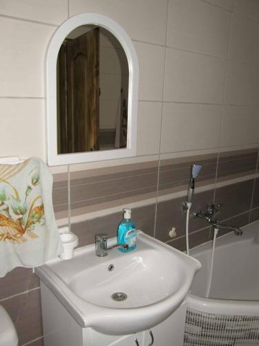 a bathroom with a sink and a mirror and a tub at Country cottage in Konarevo