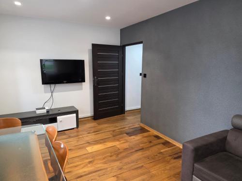 a living room with a couch and a table and a television at Apartamenty KORONA in Krosno