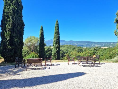 a group of tables and chairs in a park with trees at Borgo Melograno in Chiusi
