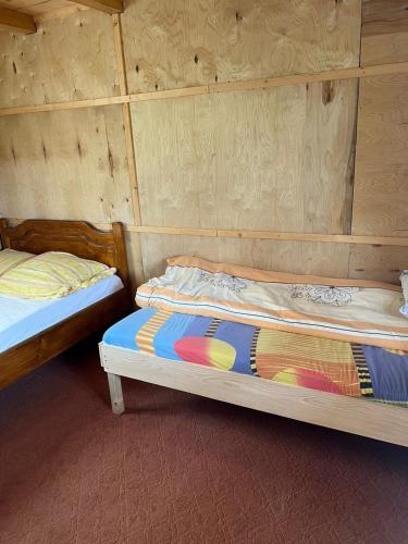 two beds in a room with wooden walls at La Popicǎ in Beiuş