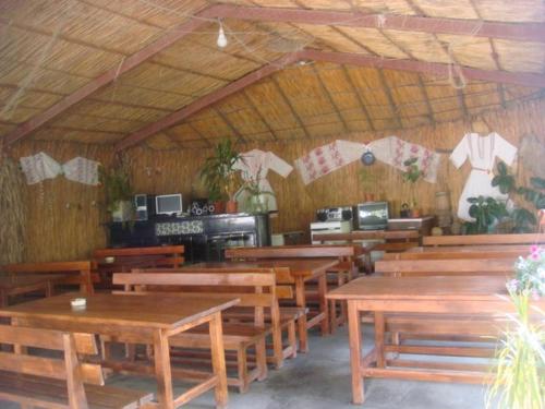 a dining room with wooden tables and wooden benches at Pensiunea Vital in Chilia Veche