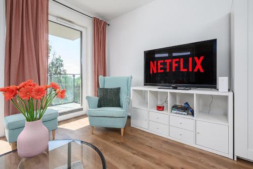 Lumina luxury apart for family next to Księży Młynにあるテレビまたはエンターテインメントセンター