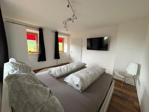 a bedroom with a bed and a tv and a chair at Modernes Serviced Apartment - FeWo Land Idyll in Dürrnberg