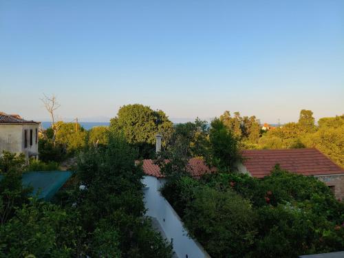 a view of a garden from the roof of a house at V House Cozy & Quiet Escape in Mytilini