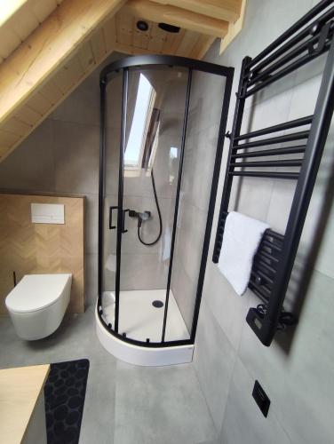 a bathroom with a shower and a toilet at Osada Widokowa Rymanów Zdrój in Rymanów-Zdrój