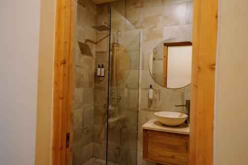 a bathroom with a shower with a sink and a mirror at Nekresi Estate in Kvareli